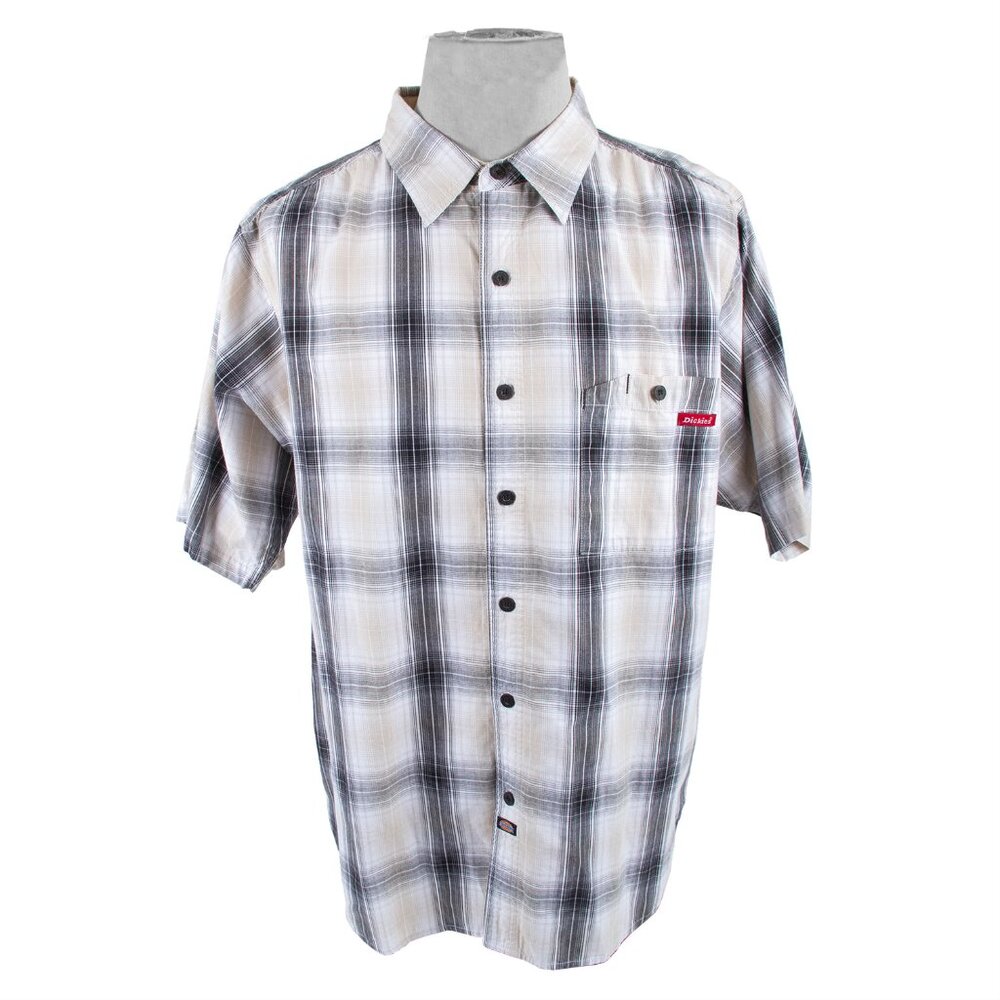 Vintage 90s Dickies short sleeve plaid button shirt mens 2XL black white beige